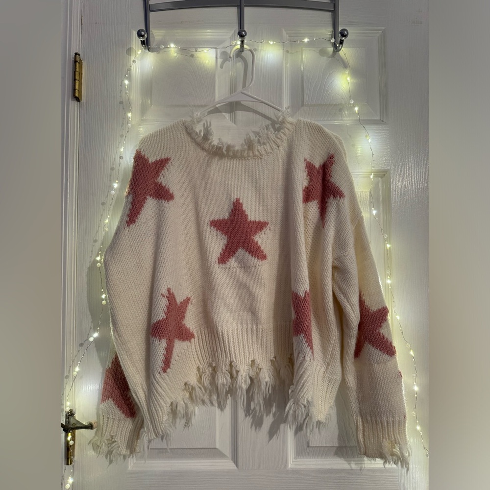 White Shabby Chic Sweater with Pink Stars